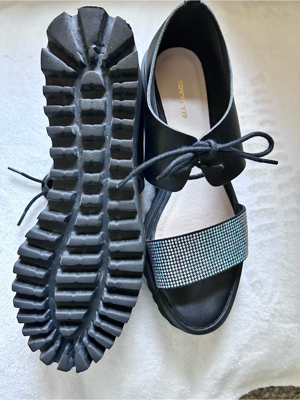 Black Women's Black Rhinestone Lace-Up Sandals - Picture 2 of 3